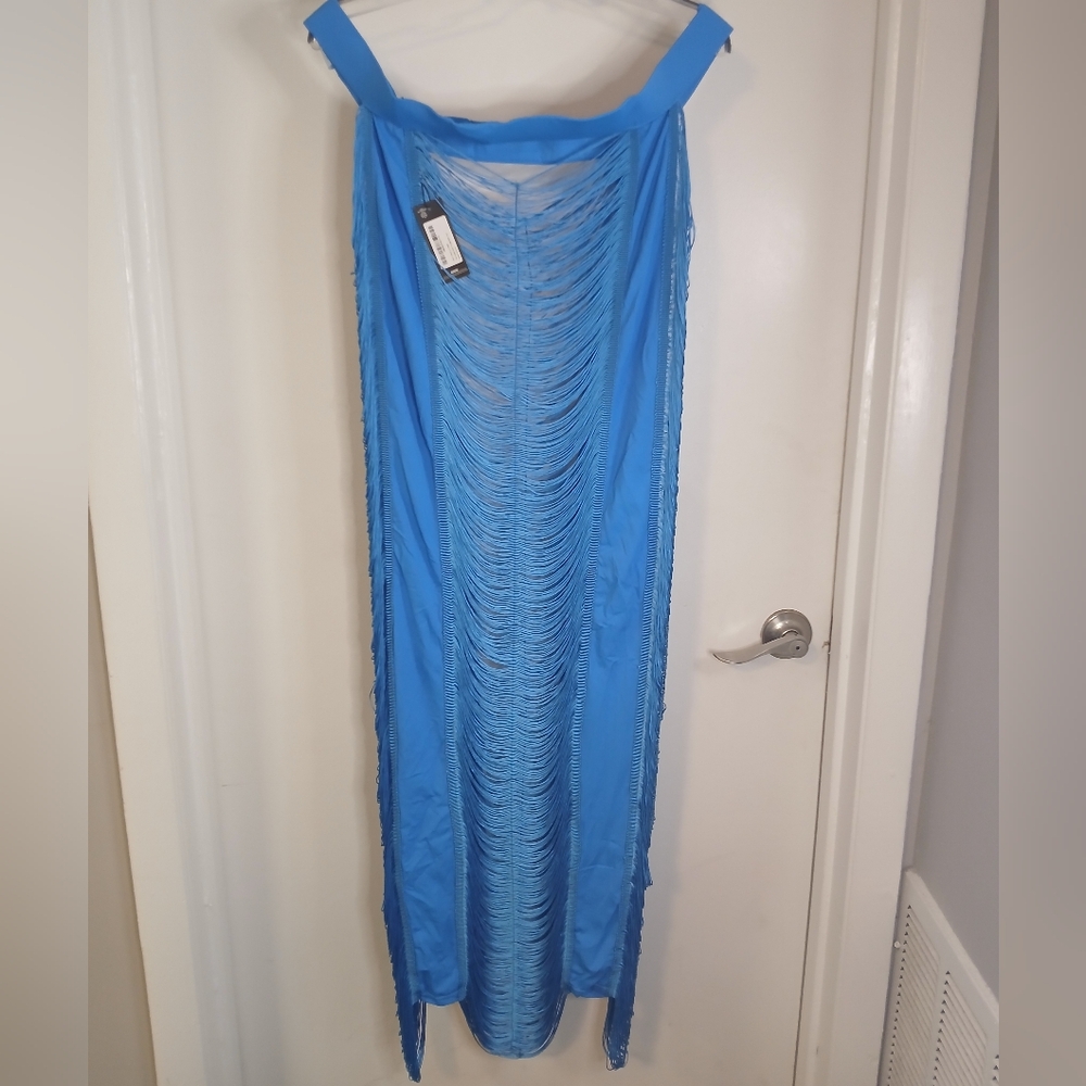 PrettyLittleThing Bright Blue Fringe High Rise Pull On Maxi Skirt 22 New! - Picture 9 of 14
